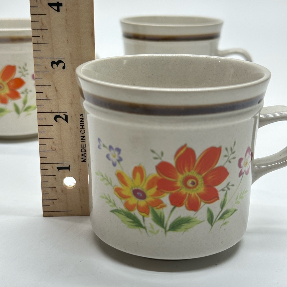 Mikasa Cream and Orange Floral Coffee Cups / Mugs Set of 4 Stonecraft KA103 - Picture 5 of 8